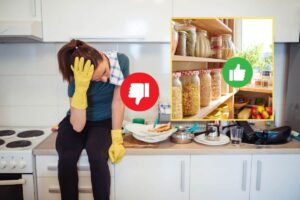 cucina in disordine con donna disperata e riquadro con dispensa in ordine